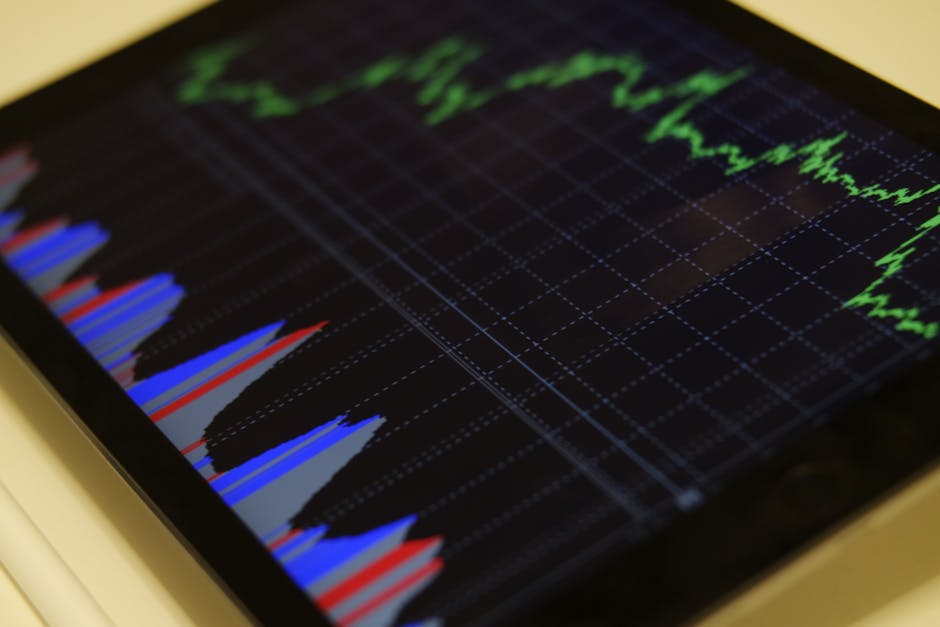 Close-up of a tablet displaying stock market analysis with colorful graphs